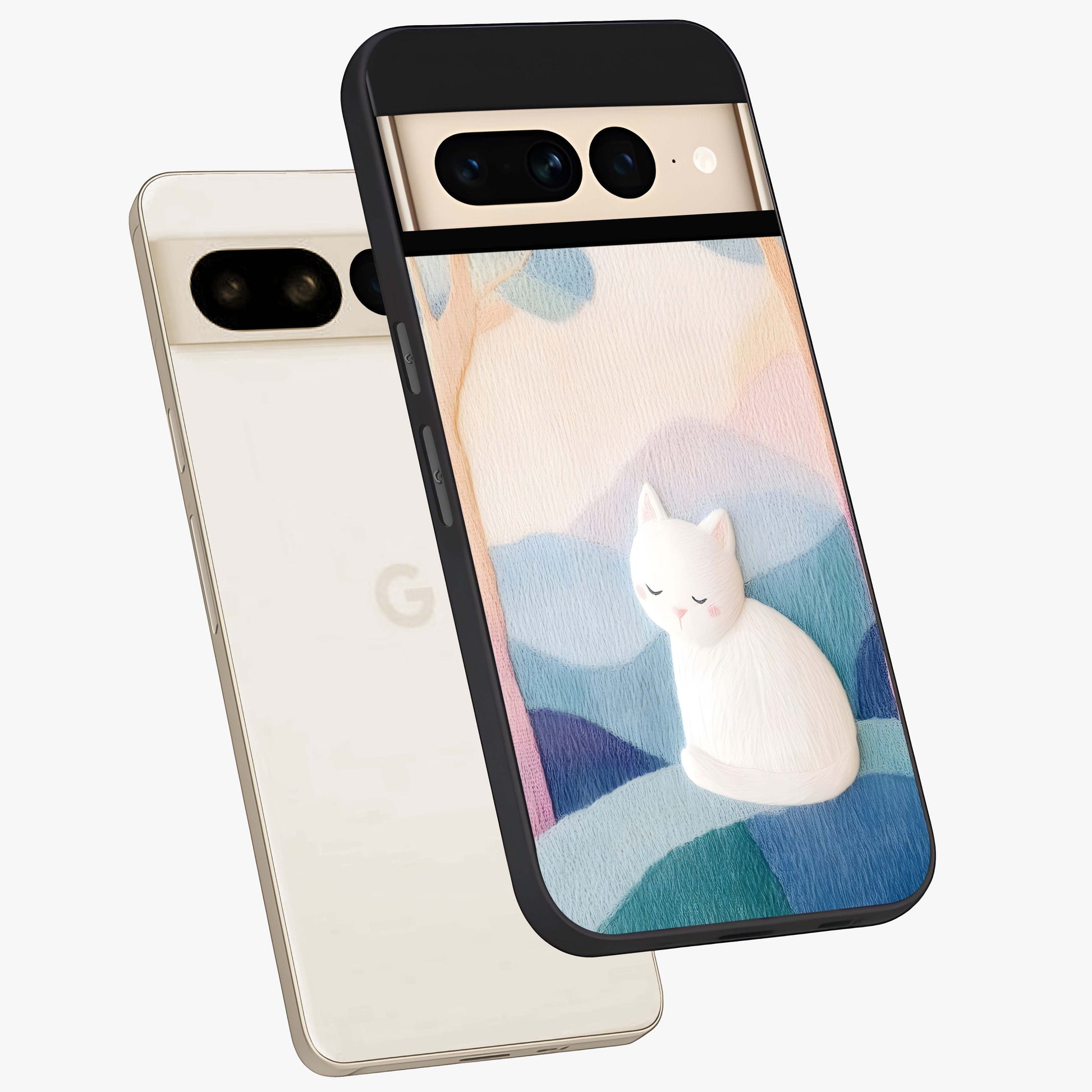 Cotton Dream Cat Glass Case displayed in angled mockup highlighting cute feline illustration with pastel aesthetic style.