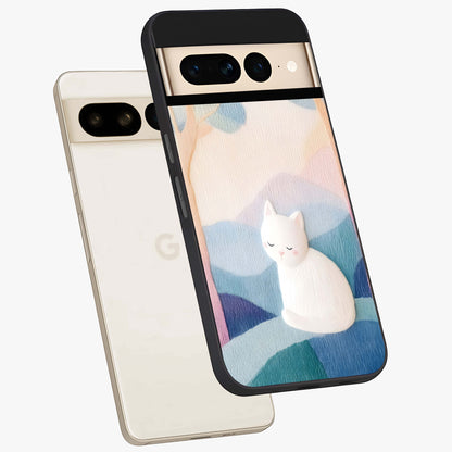 Cotton Dream Cat Glass Case displayed in angled mockup highlighting cute feline illustration with pastel aesthetic style.