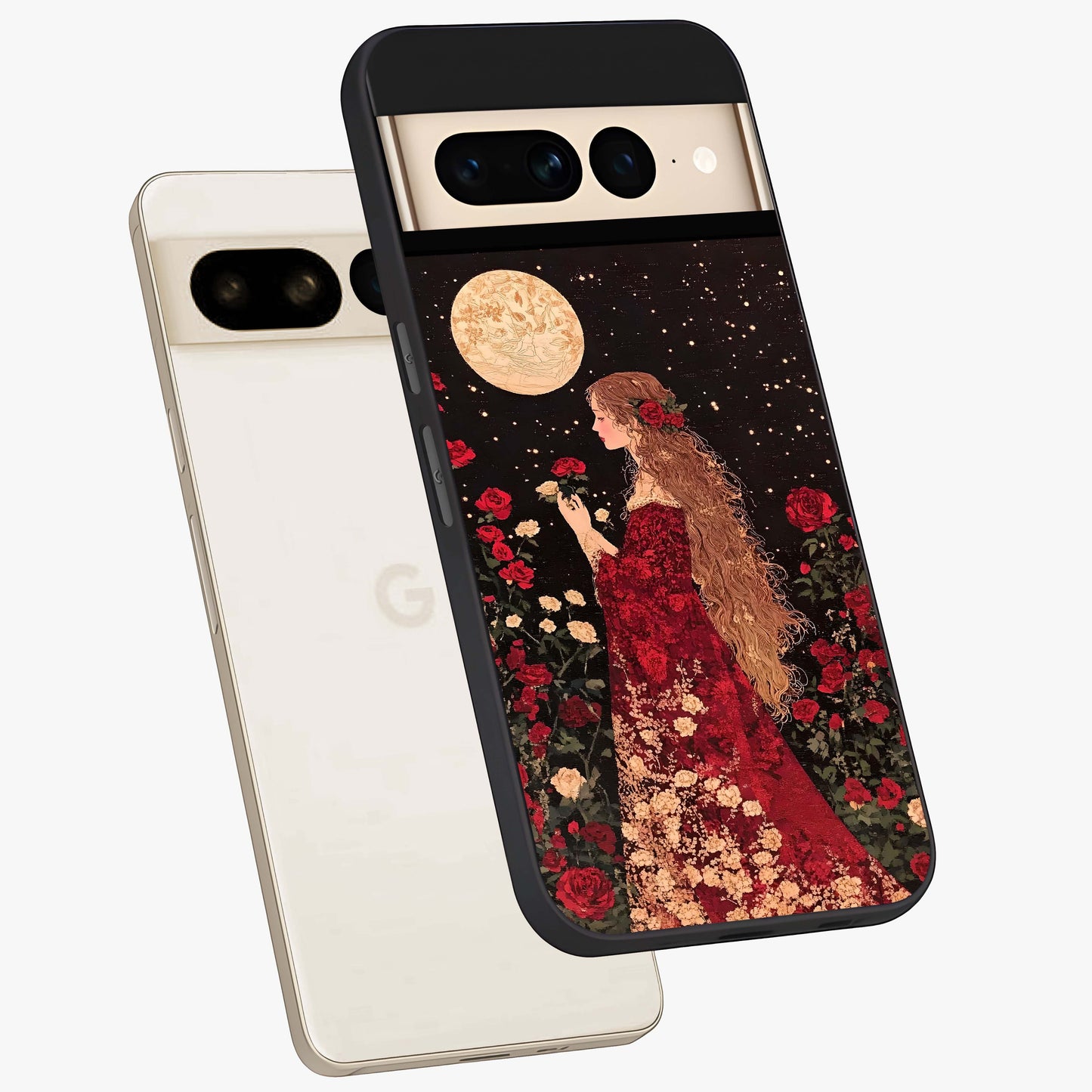 Crimson Dreams Glass Case displayed in angled mockup highlighting soft crimson aesthetic design with artistic theme.