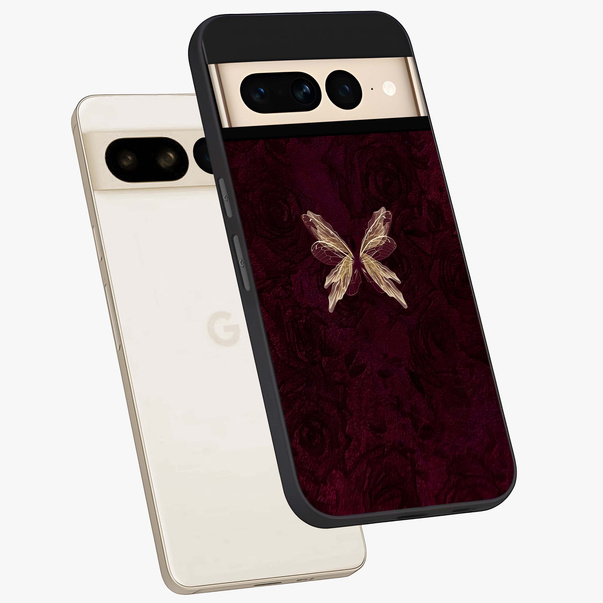 Crimson Fade Butterfly Glass Case displayed in angled mockup highlighting elegant butterfly design with crimson gradient aesthetic.