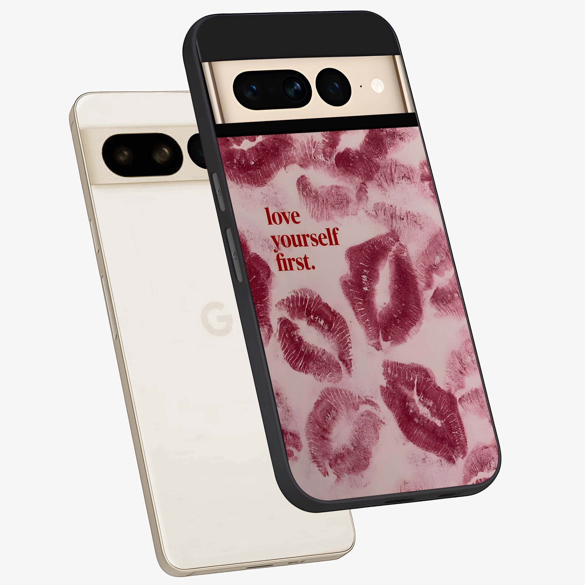 Crimson Kiss Love Glass Case displayed in angled mockup highlighting bold love inspired design with modern aesthetic style.