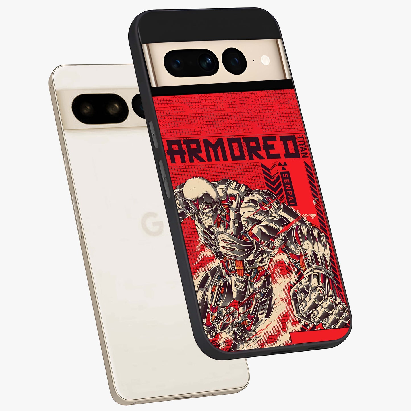 Crimson Mecha Titan Glass Case displayed in angled mockup highlighting futuristic mech illustration with bold crimson aesthetic.