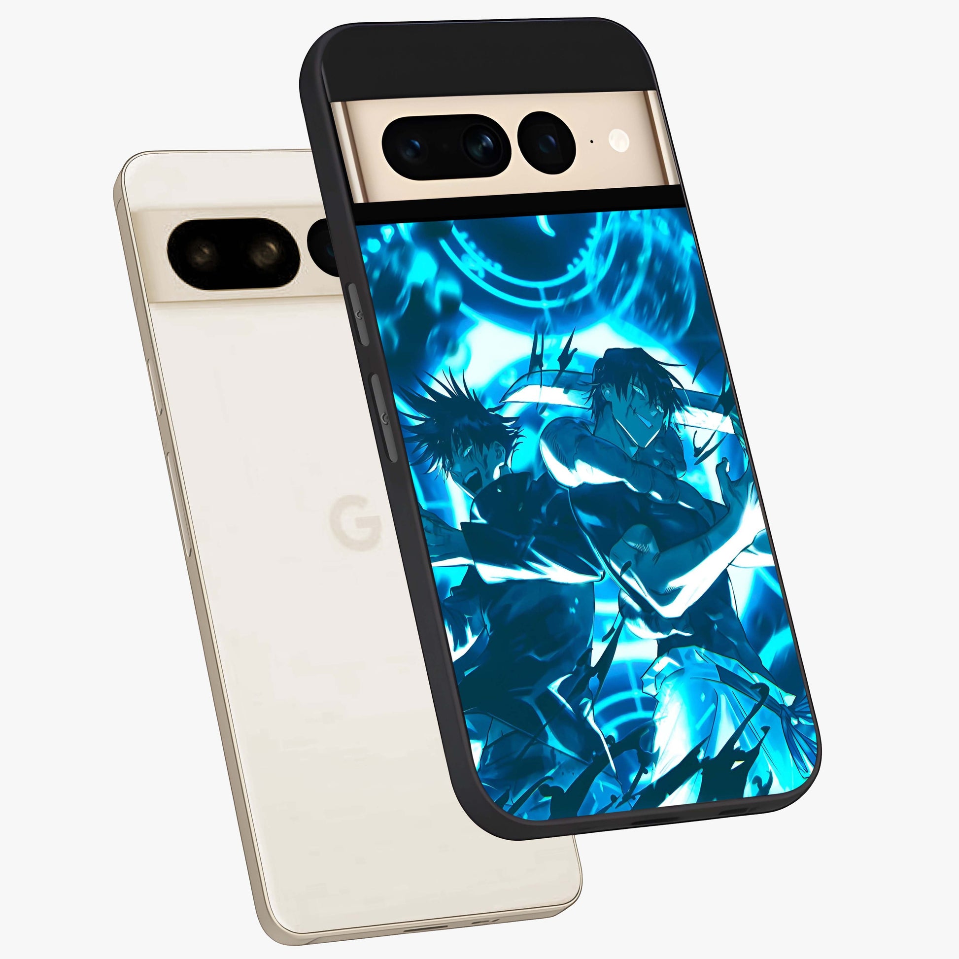 Cursed Energy Clash Glass Case displayed in angled mockup highlighting powerful battle inspired graphic with anime style aesthetic.
