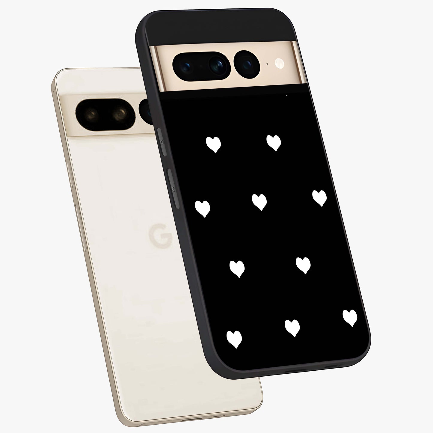 Cute And Simple White Hearts Glass Case displayed in angled mockup highlighting cute heart design with clean aesthetic style.