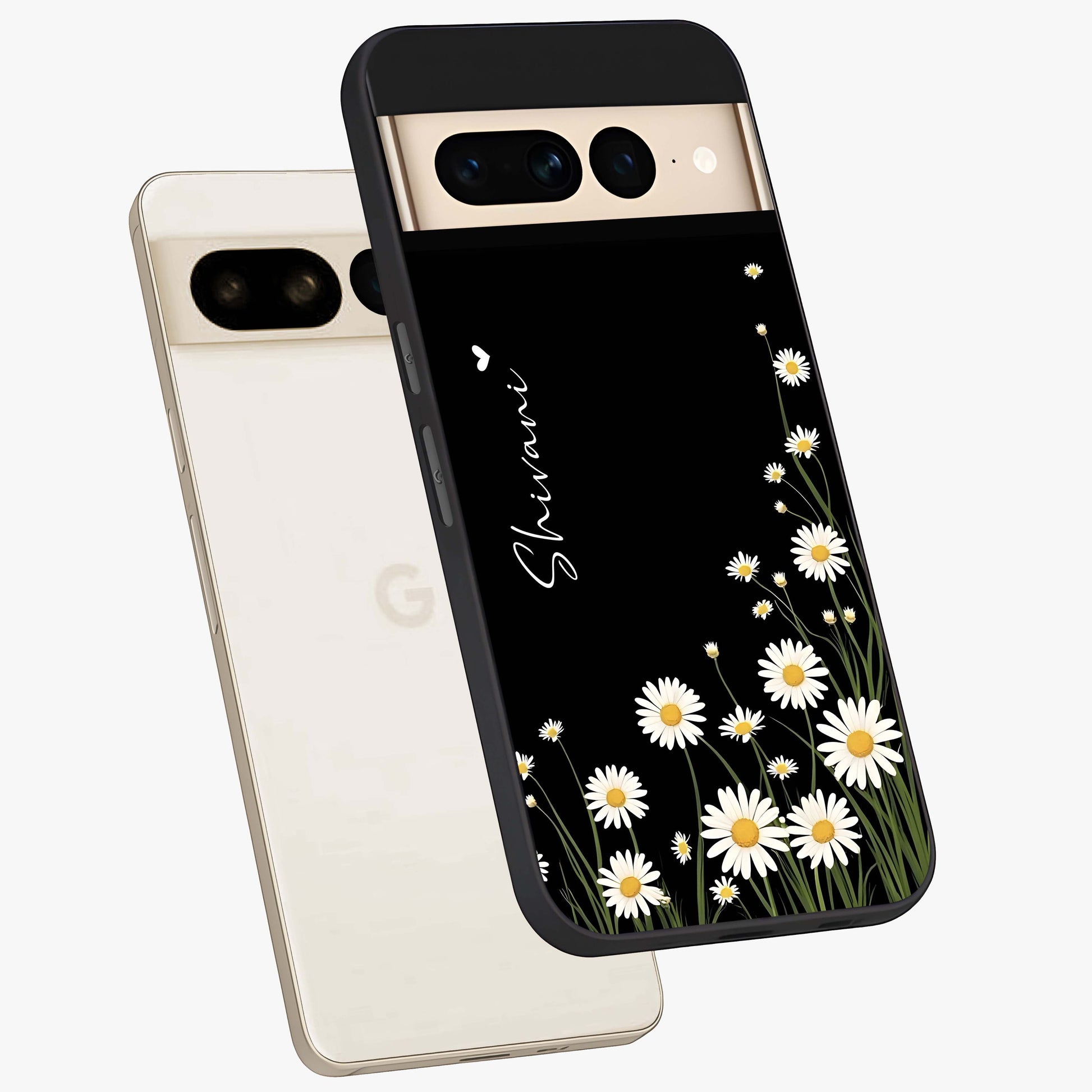 Daisy Cascade Custom Name Glass Case displayed in angled mockup highlighting delicate daisy artwork with custom name feature.
