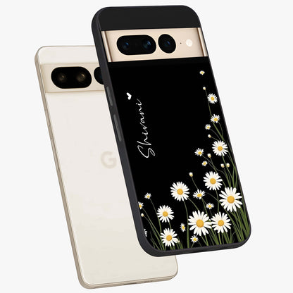 Daisy Cascade Custom Name Glass Case displayed in angled mockup highlighting delicate daisy artwork with custom name feature.