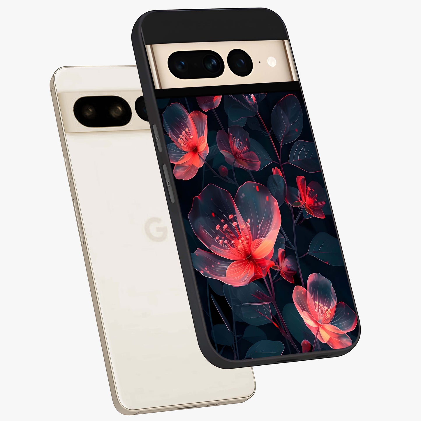 Dark Shade of Flower Glass Case displayed in angled mockup highlighting moody floral illustration with aesthetic dark tones.