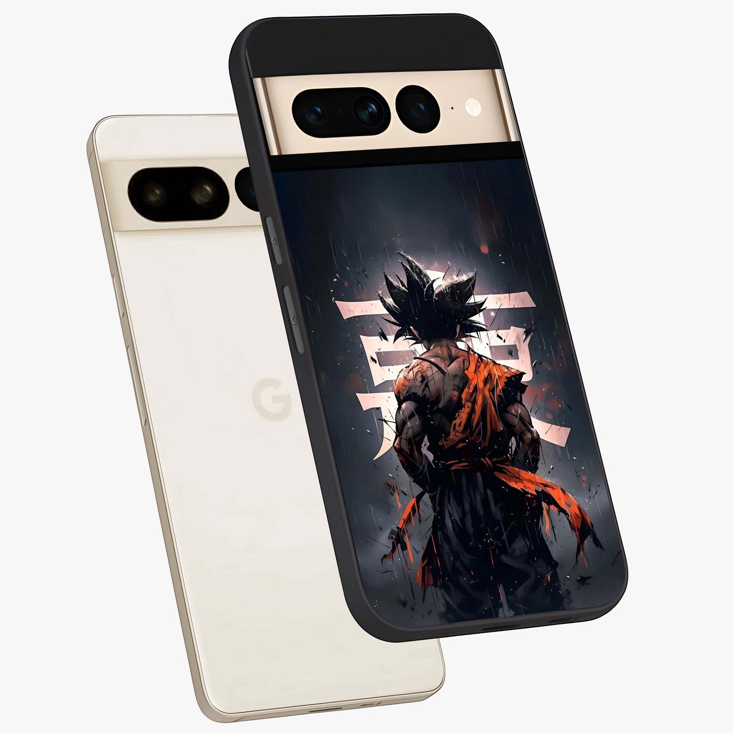 Dark Warrior In Rain Glass Case displayed in angled mockup highlighting dramatic warrior illustration with dark rain aesthetic.