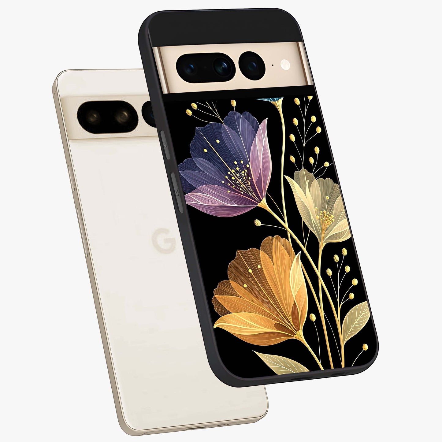 Delicate Multicolor Flowers Glass Case displayed in angled mockup highlighting colorful flower pattern with soft aesthetic style.