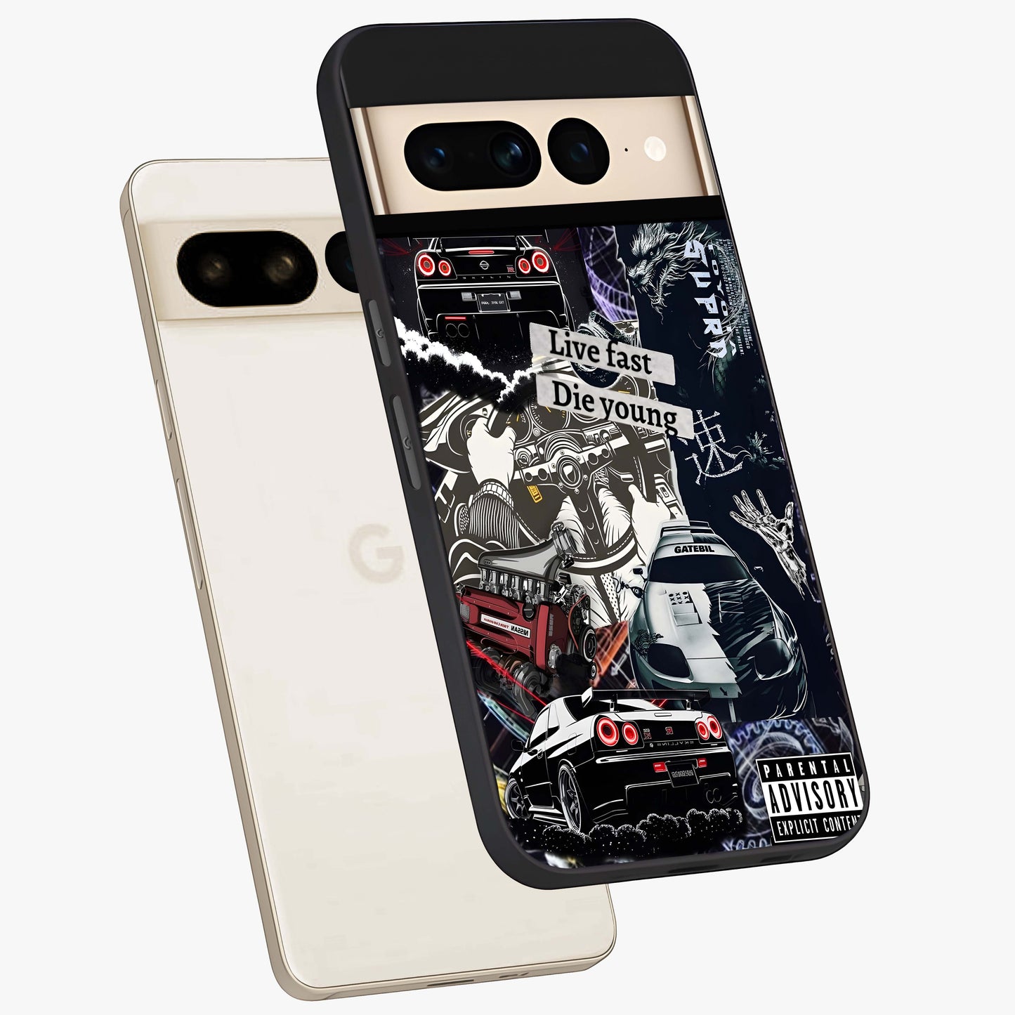 Die Young Glass Case displayed in angled mockup highlighting expressive graphic artwork with edgy aesthetic style.