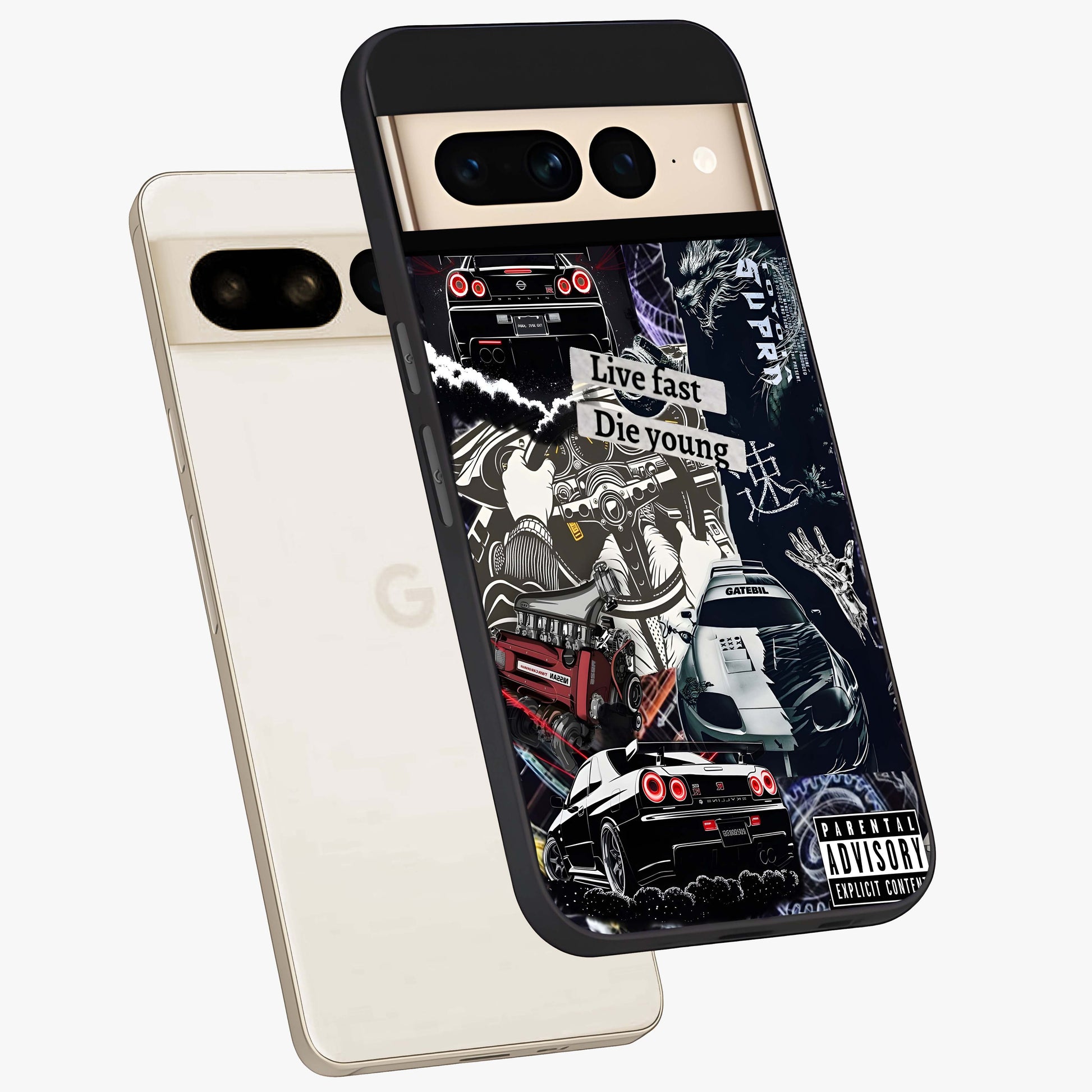 Die Young Glass Case displayed in angled mockup highlighting expressive graphic artwork with edgy aesthetic style.