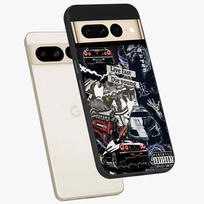 Die Young Glass Case displayed in angled mockup highlighting expressive graphic artwork with edgy aesthetic style.