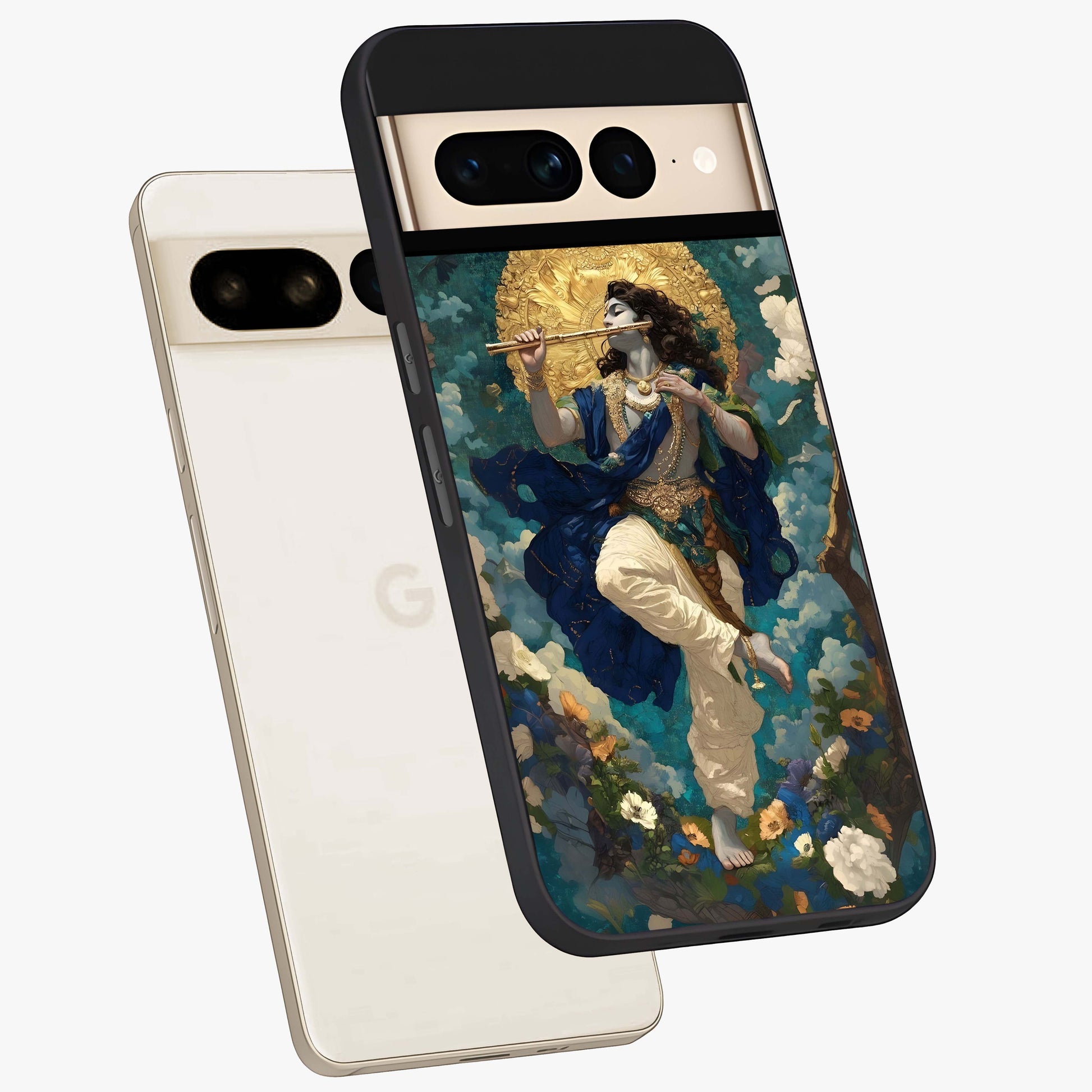 Divine Krishna Art Glass Case displayed in angled mockup highlighting spiritual Krishna illustration with devotional aesthetic.