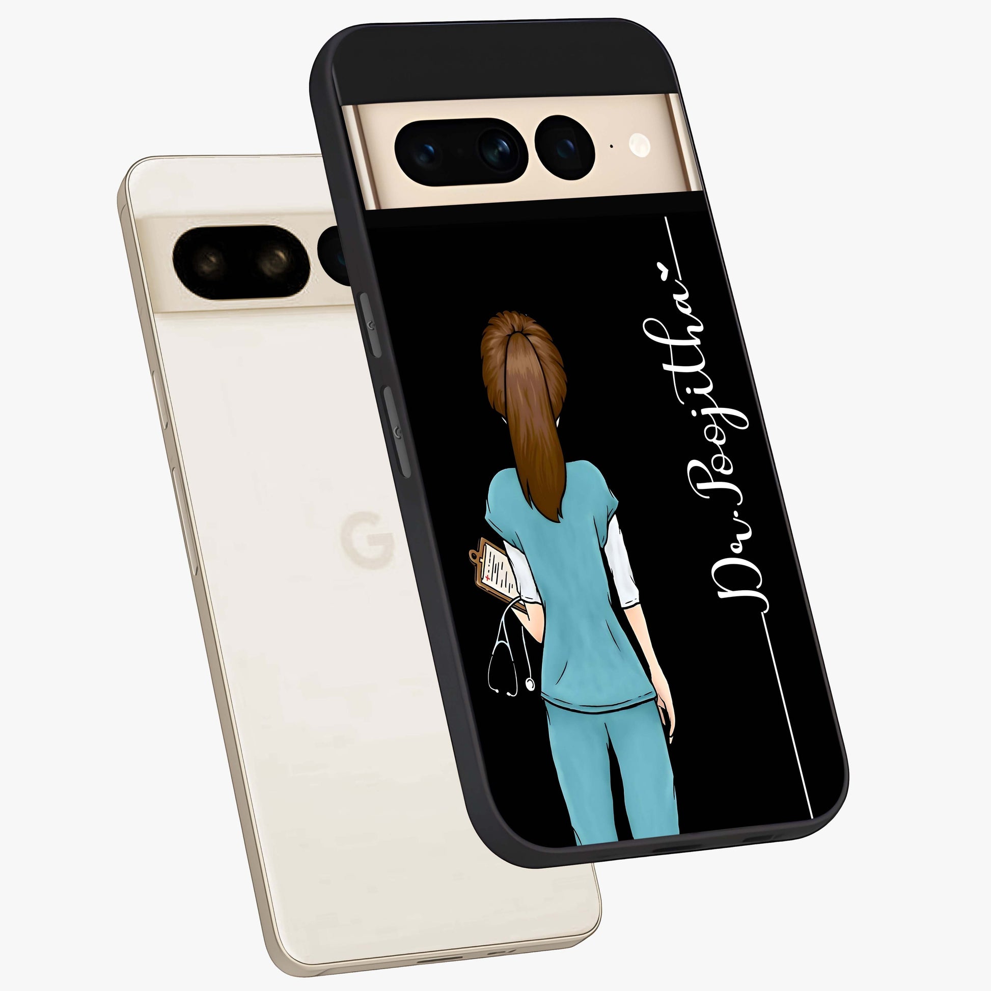 Doctor Pattern Custom Name Glass Case displayed in angled mockup highlighting doctor inspired artwork with custom name feature.