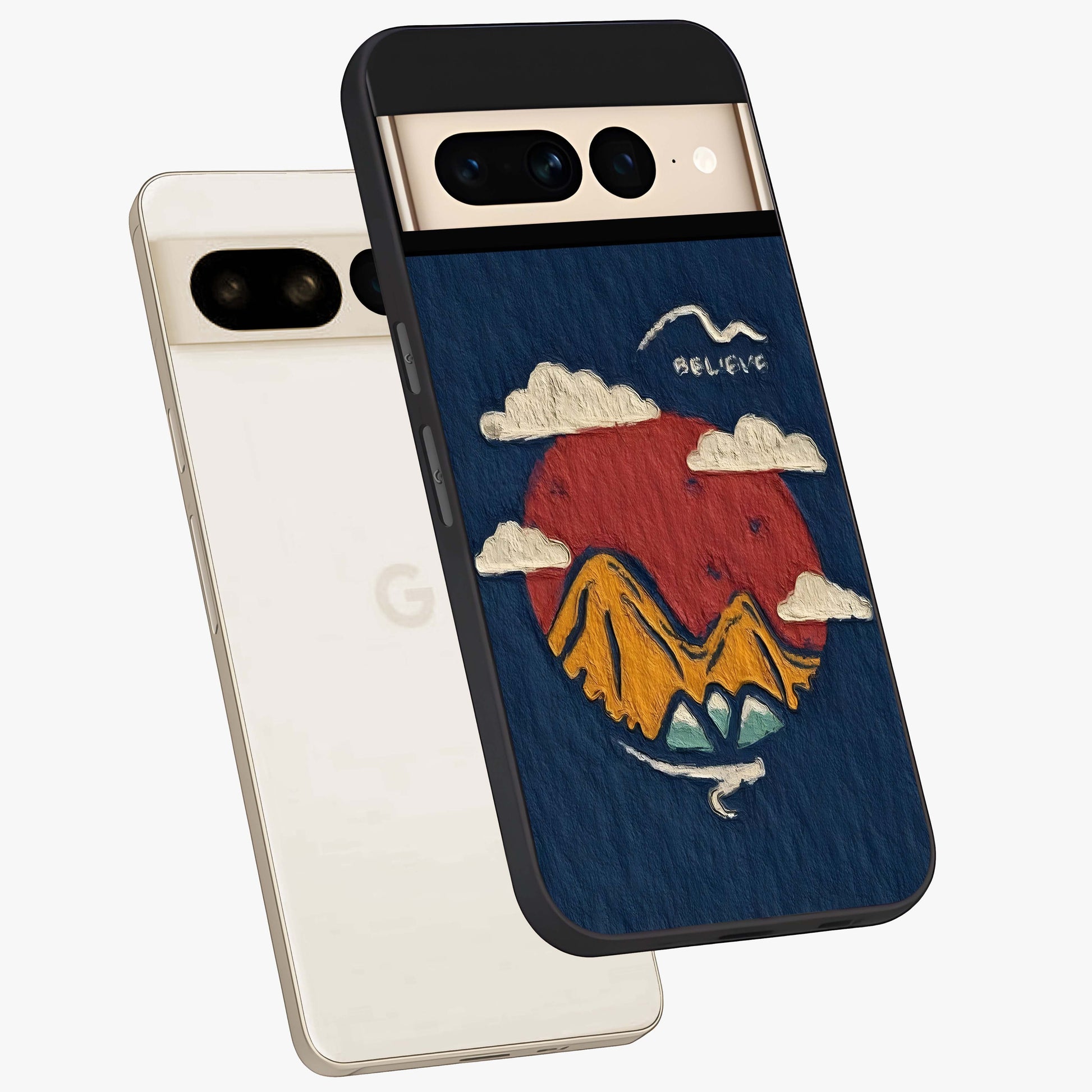 Dream Beyond Mountains Glass Case displayed in angled mockup highlighting dreamy mountain illustration with peaceful aesthetic.
