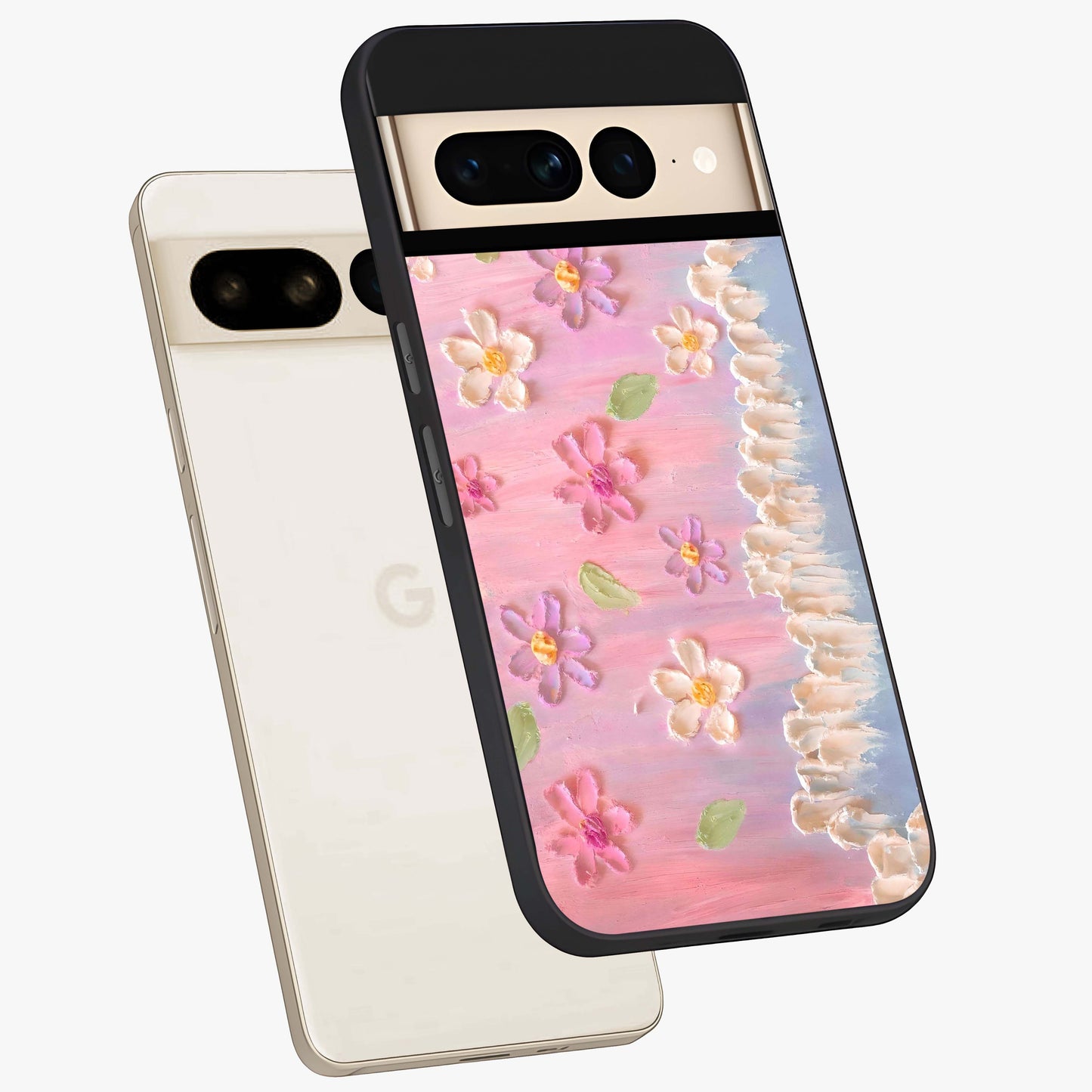 Dreamy Painted Garden Glass Case displayed in angled mockup highlighting colorful garden illustration with dreamy aesthetic style.