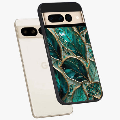 Emerald Leaf Glass Glass Case displayed in angled mockup highlighting botanical leaf illustration with elegant natural aesthetic.