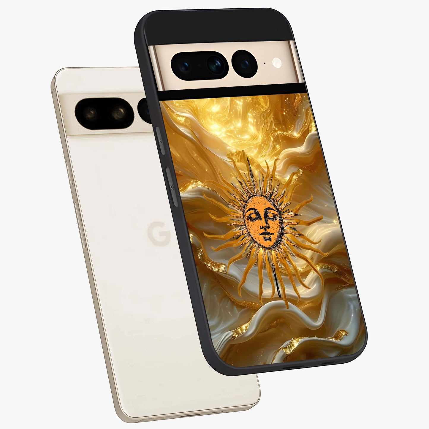 Eternal Golden Glow Glass Case displayed in angled mockup highlighting glowing golden aesthetic design with elegant style.