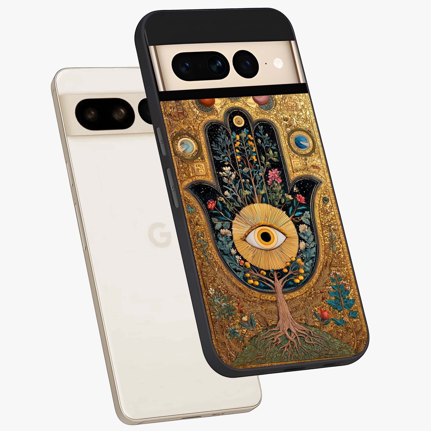 Ethereal Evil Eye Glass Case displayed in angled mockup highlighting protective evil eye symbol with spiritual aesthetic design.