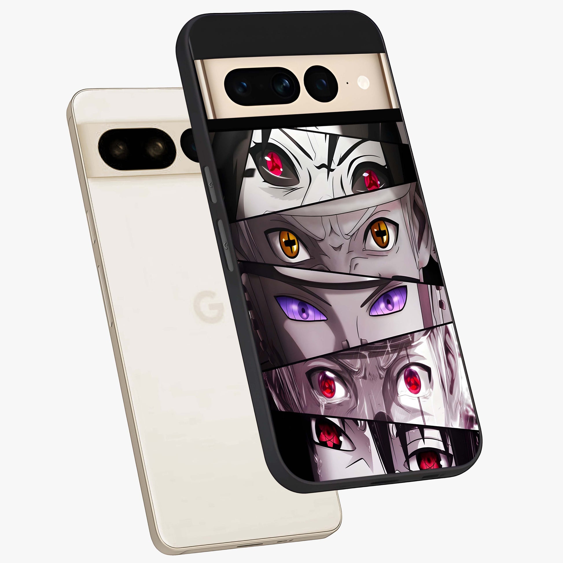 Eyes of Destiny Glass Case displayed in angled mockup highlighting bold eye illustration with mystical aesthetic style.