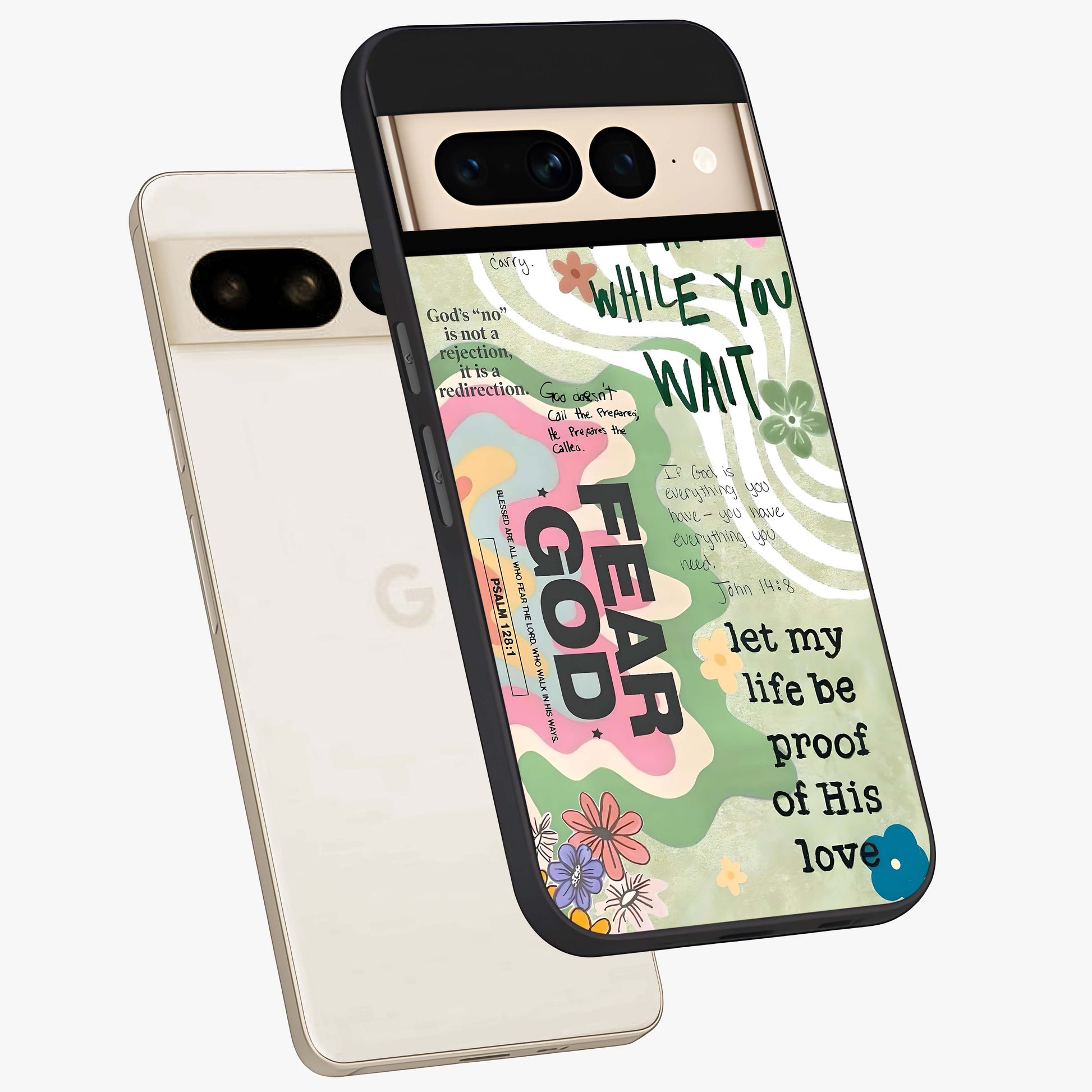 Faith Over Fear Glass Case displayed in angled mockup highlighting inspirational message design with modern aesthetic style.