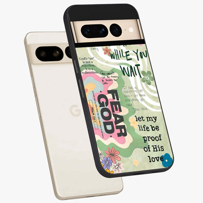Faith Over Fear Glass Case displayed in angled mockup highlighting inspirational message design with modern aesthetic style.