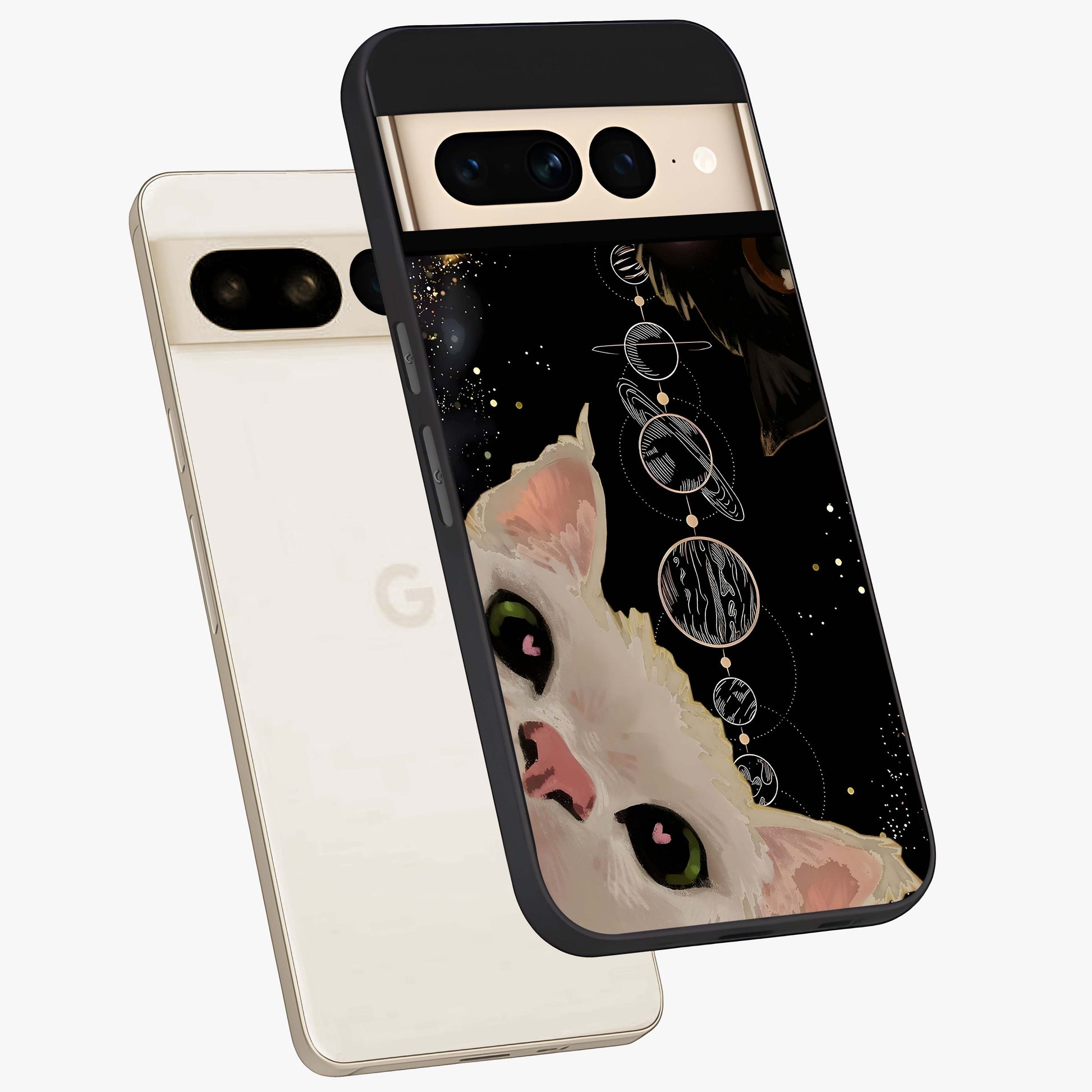 Galactic Cat Glass Case displayed in angled mockup highlighting celestial feline illustration with galaxy aesthetic style.