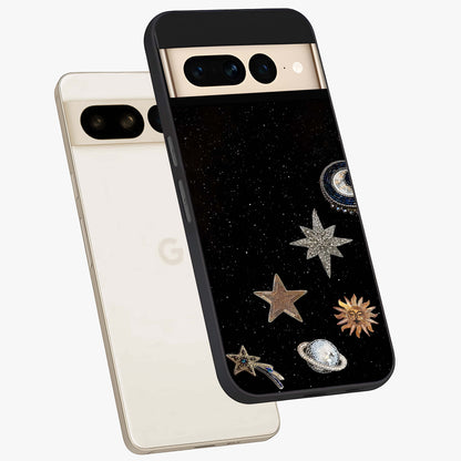Galactic Charm Glow Glass Case displayed in angled mockup highlighting luminous galaxy inspired design with dreamy aesthetic.