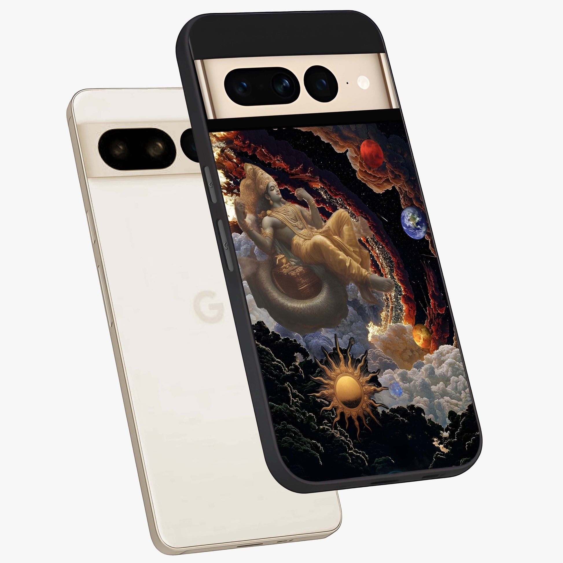 Galactic Divine God Glass Case displayed in angled mockup highlighting powerful celestial deity illustration with galactic aesthetic.