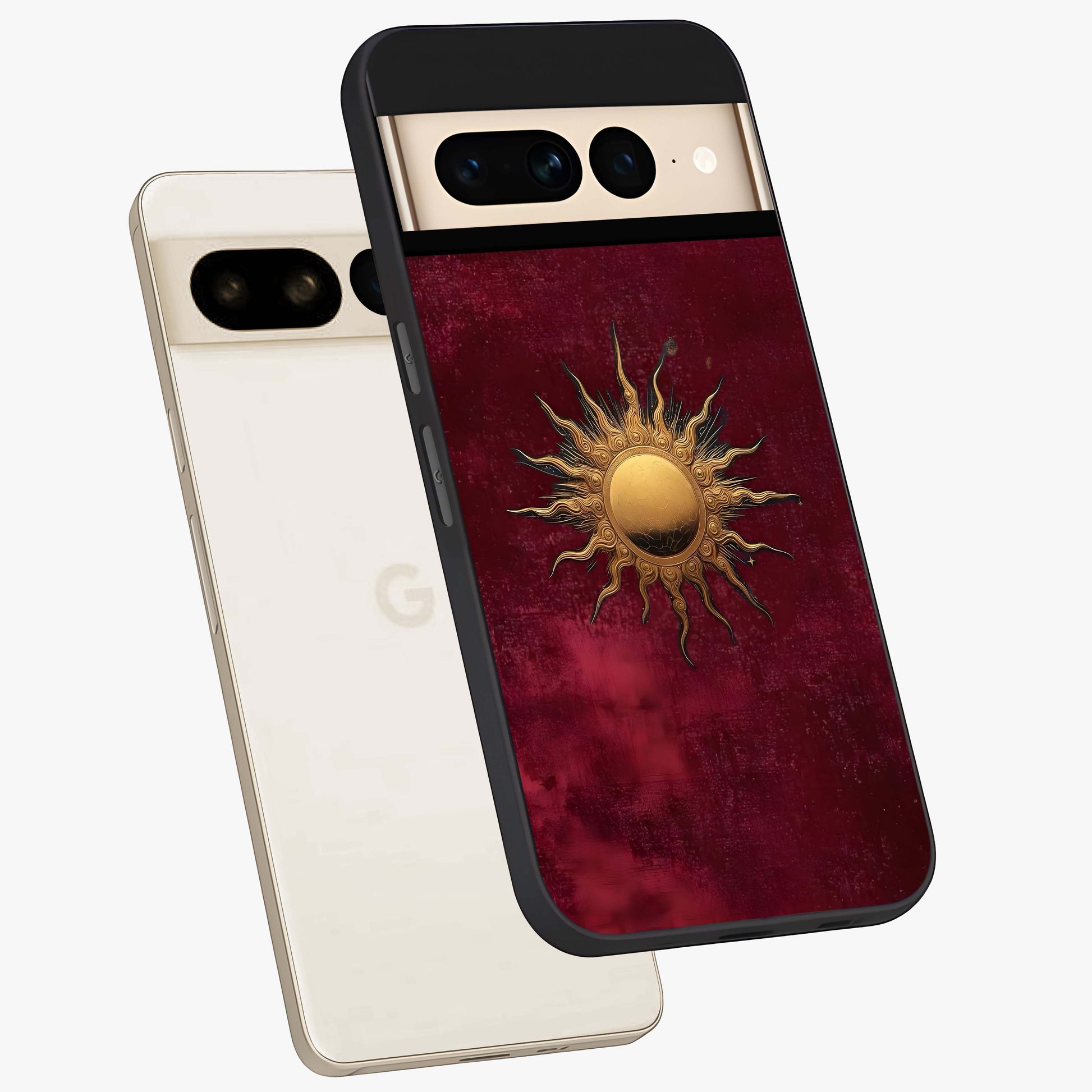 Golden Sun Minimalism Glass Case displayed in angled mockup highlighting clean sun symbol design with modern minimal aesthetic.