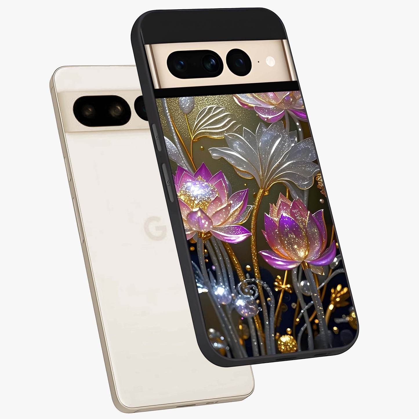 Golden Floral Majesty Glass Case displayed in angled mockup highlighting elegant flower design with royal golden aesthetic.