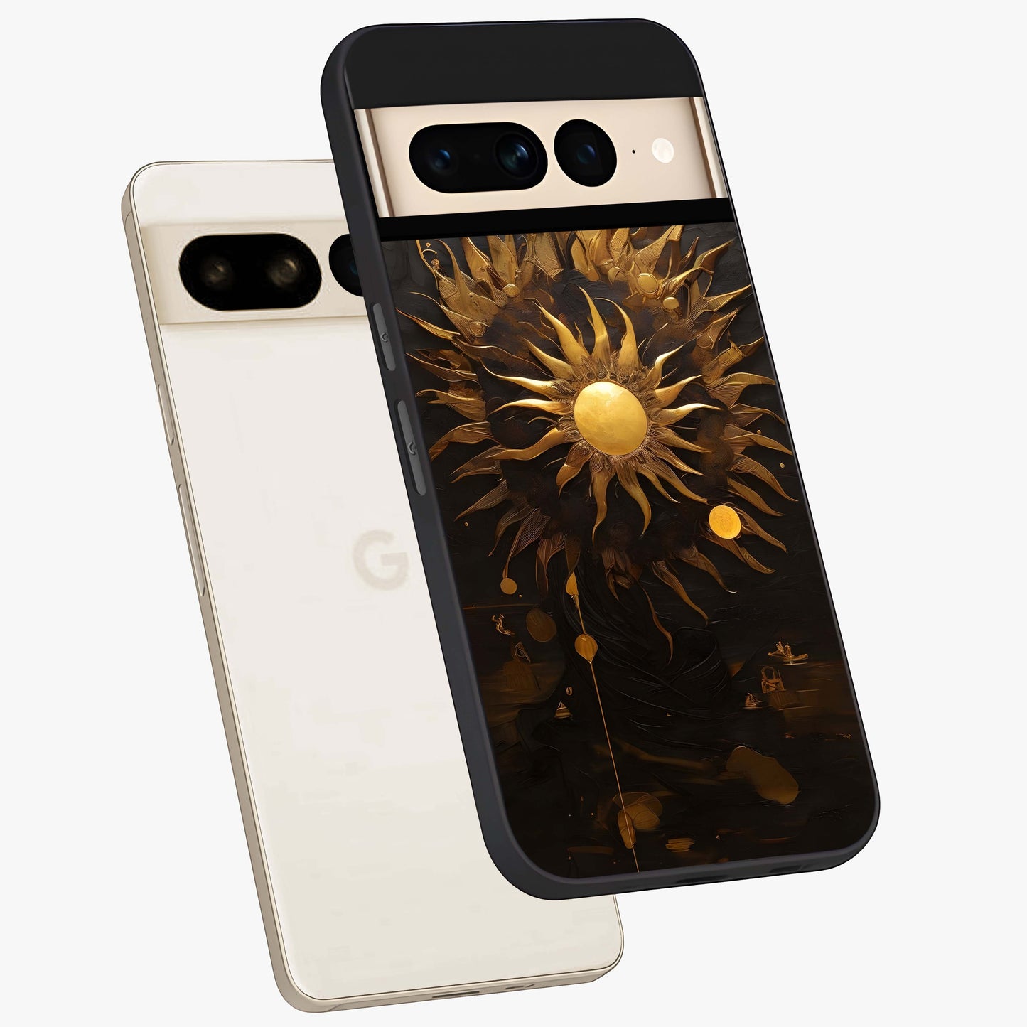 Golden Sun Majesty Glass Case displayed in angled mockup highlighting eerie shadow illustration with gothic aesthetic.