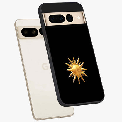 Golden Sun Minimalism Glass Case displayed in angled mockup highlighting eerie shadow illustration with gothic aesthetic.
