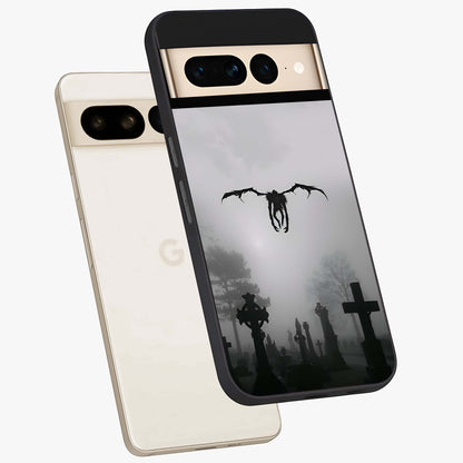 Graveyard Shadow Descent Glass Case displayed in angled mockup highlighting eerie shadow illustration with gothic aesthetic.