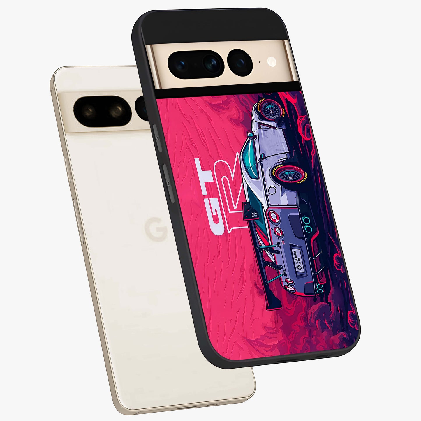 GT-R Car Pattern Glass Case displayed in angled mockup highlighting racing car graphic design with bold automotive aesthetic.