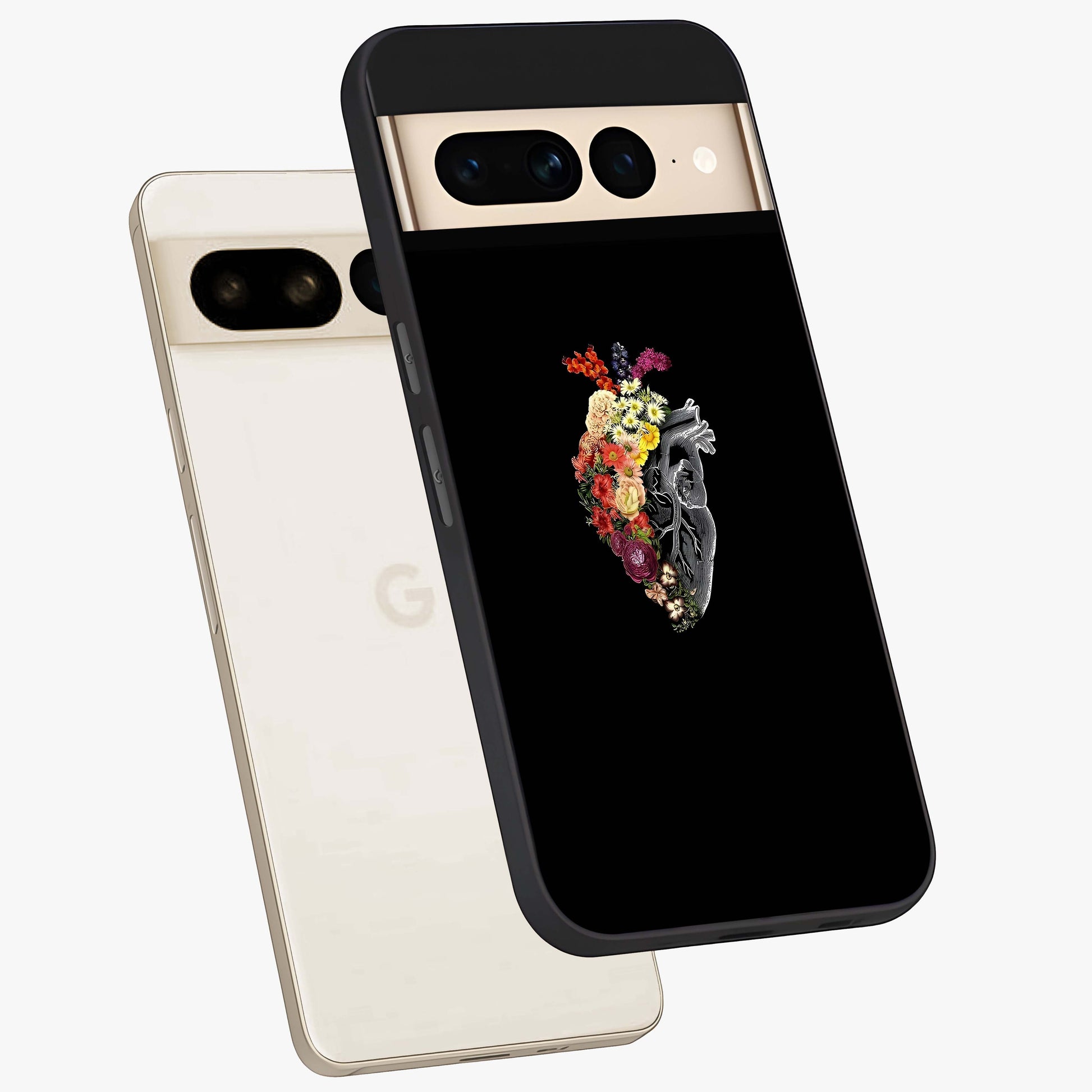 Heart With Flowers Glass Case displayed in angled mockup highlighting romantic flower design with soft aesthetic style.