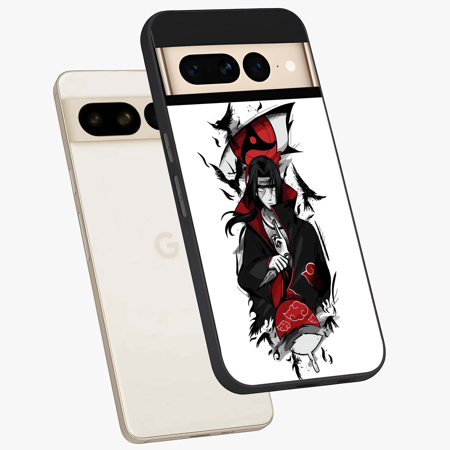 Itachi Limited Edition Naruto Anime Glass Case displayed in angled mockup highlighting dramatic anime illustration with bold action aesthetic.