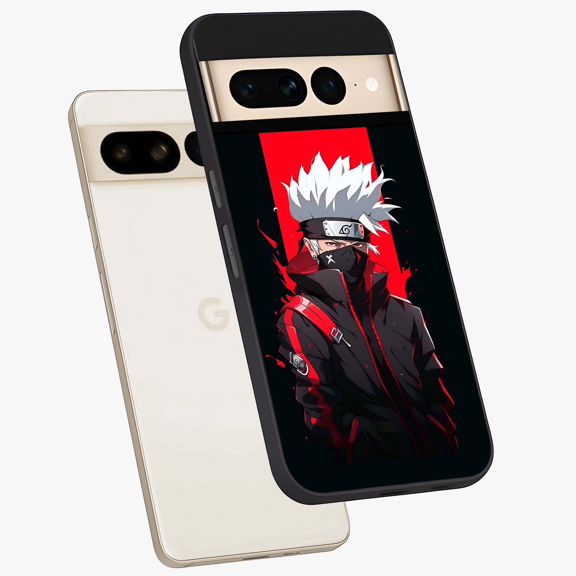 Kakashi Scarlet Shadow Glass Case displayed in angled mockup highlighting dramatic ninja illustration with scarlet themed aesthetic.