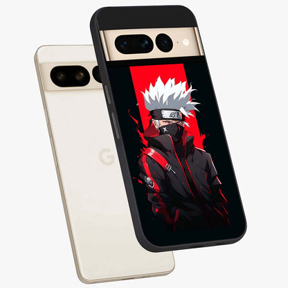 Kakashi Scarlet Shadow Glass Case displayed in angled mockup highlighting dramatic ninja illustration with scarlet themed aesthetic.