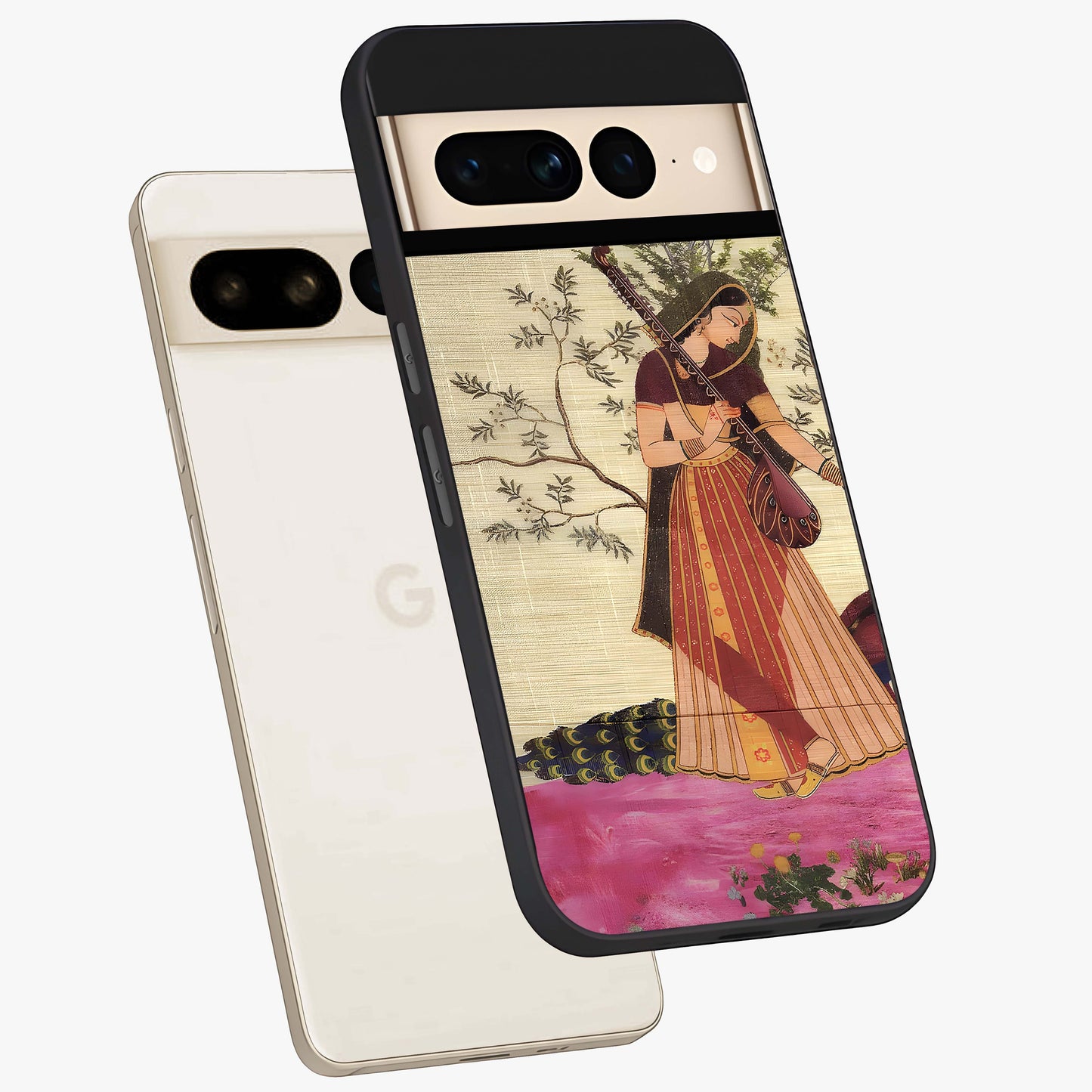 Lady With Veena Art Glass Case displayed in angled mockup highlighting graceful musical illustration with cultural artistic aesthetic.