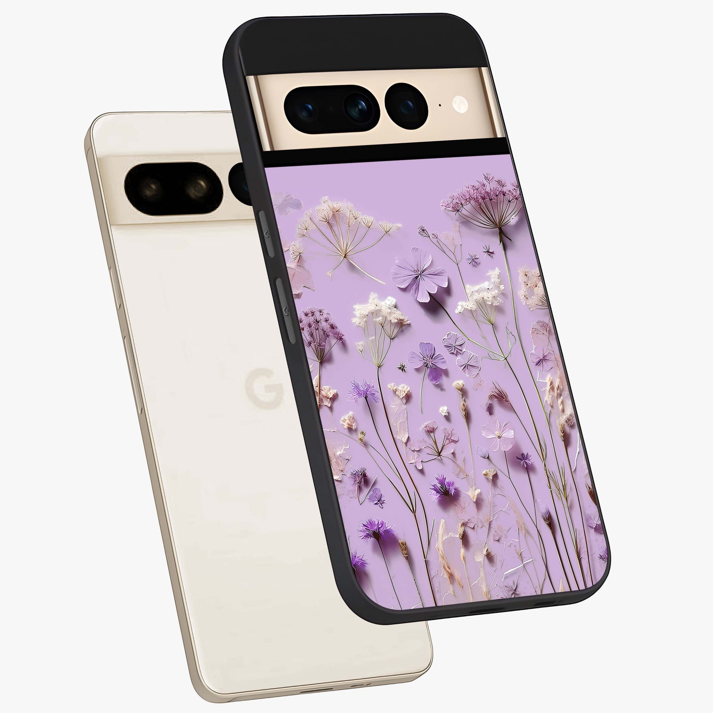 Lavender Blossom Dream Glass Case displayed in angled mockup highlighting dreamy lavender flower design with calming aesthetic style.
