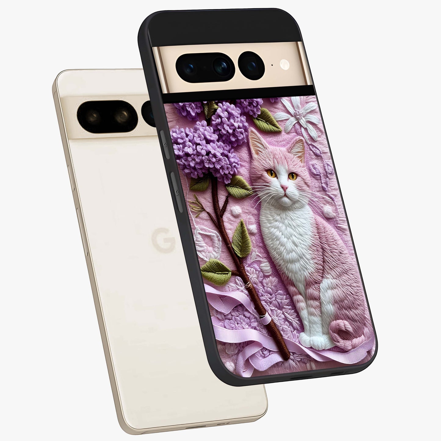 Lavender Cat Whimsy Glass Case displayed in angled mockup highlighting playful feline illustration with pastel lavender aesthetic.