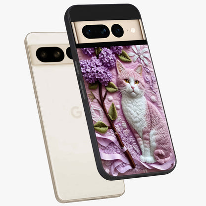 Lavender Cat Whimsy Glass Case displayed in angled mockup highlighting playful feline illustration with pastel lavender aesthetic.