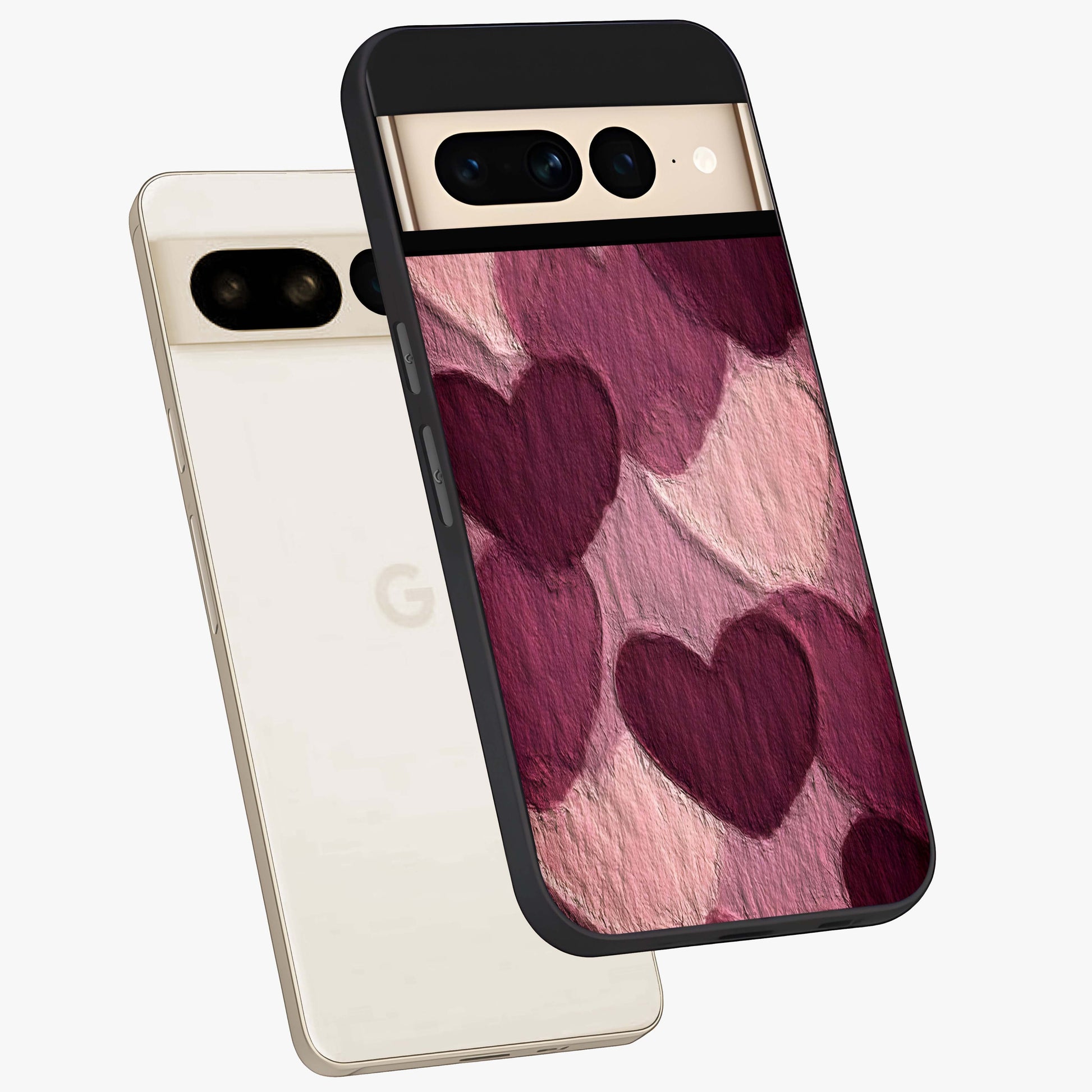 Layered Paper Hearts Glass Case displayed in angled mockup highlighting creative paper craft heart design with romantic aesthetic.