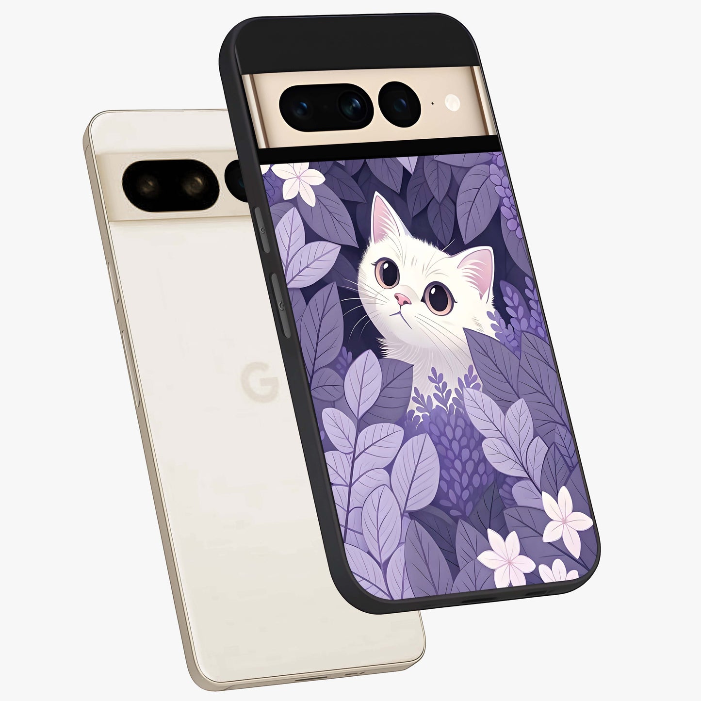 Lilac Hide Peek Cat Glass Case displayed in angled mockup highlighting playful feline illustration with lilac aesthetic design.