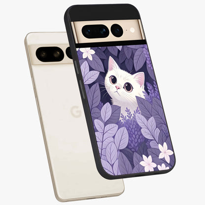 Lilac Hide Peek Cat Glass Case displayed in angled mockup highlighting playful feline illustration with lilac aesthetic design.