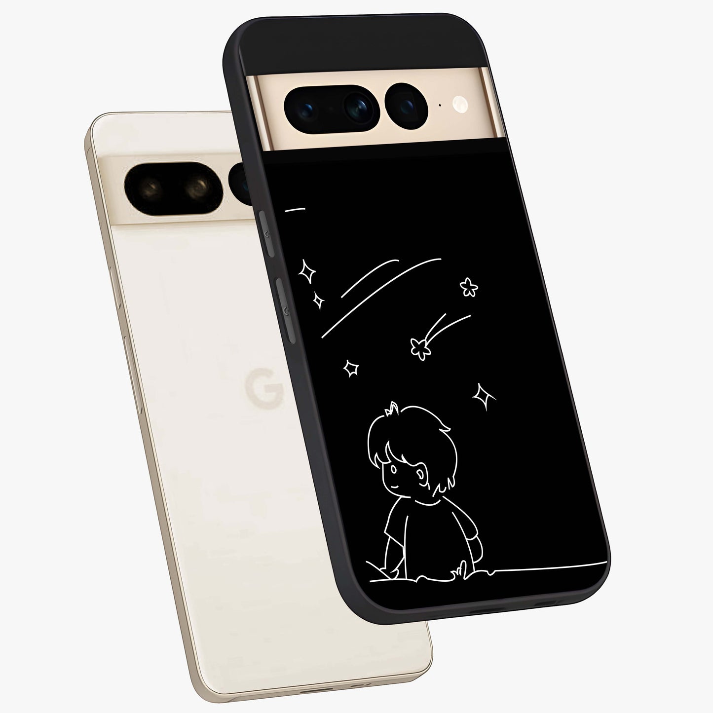 Line Art Boy With Shooting Stars Glass Case displayed in angled mockup highlighting elegant line art design with dreamy star aesthetic.