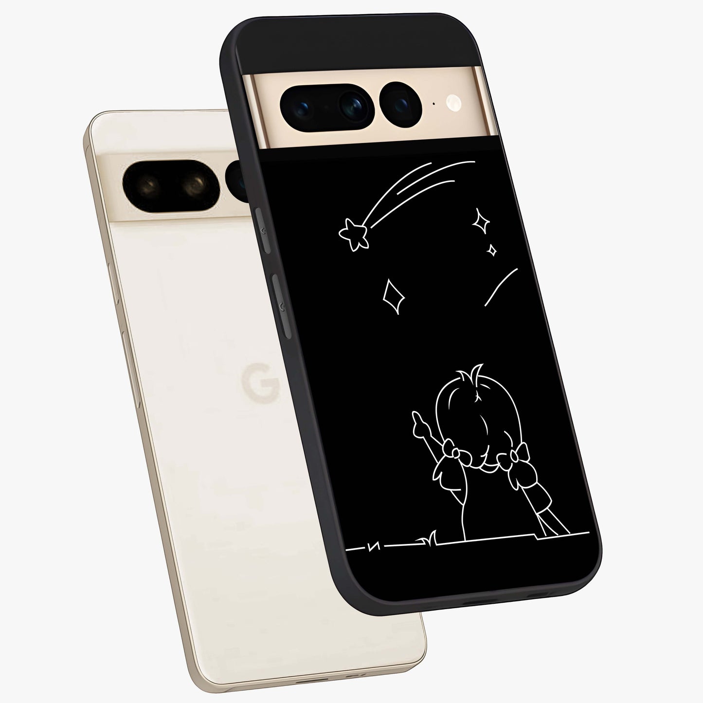 Line Art Girl With Shooting Stars Glass Case displayed in angled mockup highlighting elegant line art design with dreamy star aesthetic.