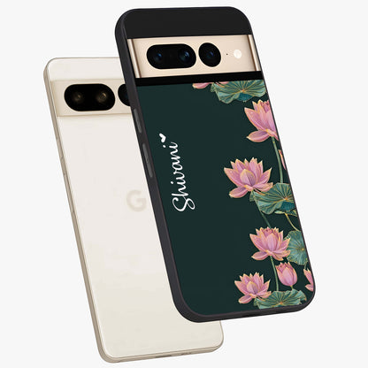 Lotus Bloom Serenity Custom Name Glass Case displayed in angled mockup highlighting graceful lotus illustration with custom name feature.