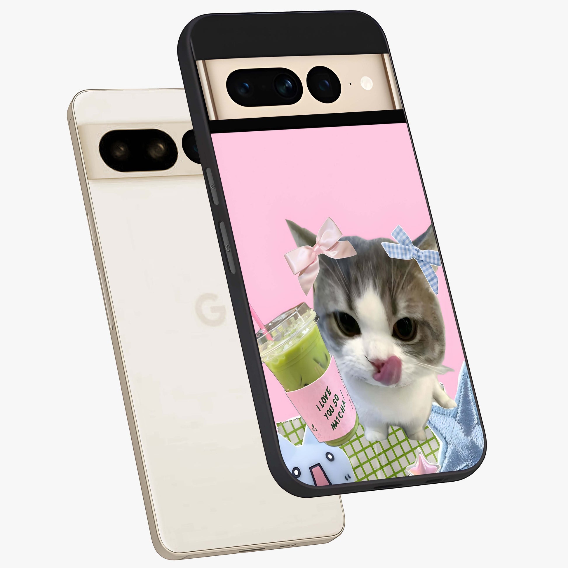 Love Matcha Cat Glass Case displayed in angled mockup highlighting playful feline illustration with cozy matcha aesthetic.